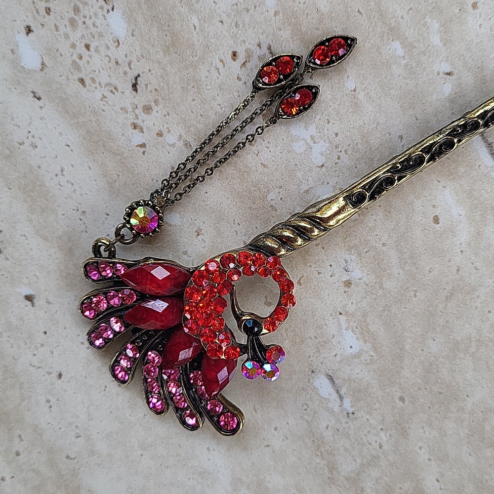 Vintage Peacock Hair Stick With Rhinestones